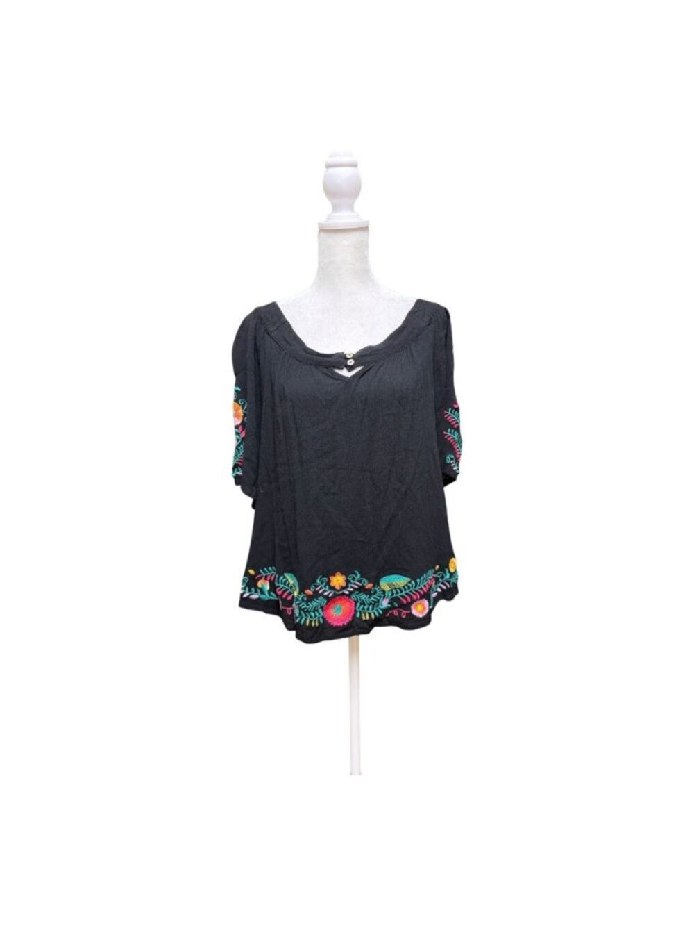 UMGEE Embroidered Peasant Top Womens Large Black Floral Boho Off Shoulder